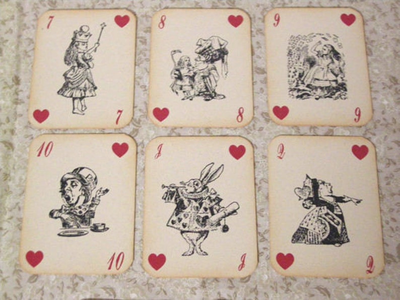 Alice in Wonderland Playing Cards Set of 14 Cards ephemera, vintage style, red queen, heart, white rabbit, mad hatter, cheshire cat image 1