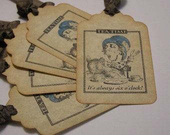 Vintage Style Mad Hatter Tea Party Gift Tags - Alice in Wonderland - shabby chic style, glitter - Set of 5