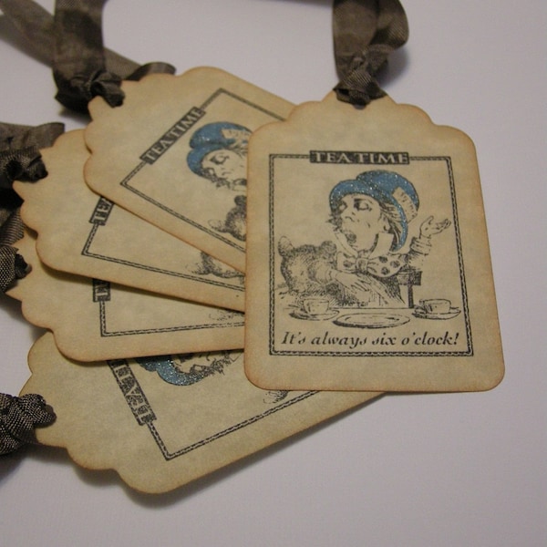 Vintage Style Mad Hatter Tea Party Gift Tags - Alice in Wonderland - shabby chic style, glitter - Set of 5