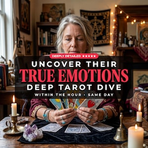 Könnte beinhalten: Ein Bild einer Tarotkartenlesung. Der Text lautet: "ENTDECKE IHRE WAHREN EMOTIONEN, TIEFER TAROT-TAUCHGANG, INNERHALB DER STUNDE, AM SELBEN TAG." Die Szene zeigt brennende Kerzen, Tarotkarten und eine Frau mit Schmuck.