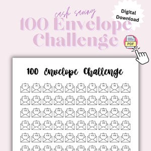Könnte beinhalten: Ein druckbares 100-Umschläge-Challenge-Diagramm mit rosa Hintergrund. Das Diagramm zeigt 100 nummerierte Umschläge, die zum Sparen von Bargeld bestimmt sind. Die Wörter "cash saving" und "100 Envelope Challenge" sind in Rosa geschrieben, mit "Digital Download".