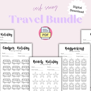 Op de afbeelding: Een digitale download reisbundel met een lichtpaarse achtergrond. De bundel bevat spaaruitdagingen voor berg-, camper-, strand-, backpack- en stedentrips. Elke uitdaging heeft een doel, een startdatum en een einddatum.