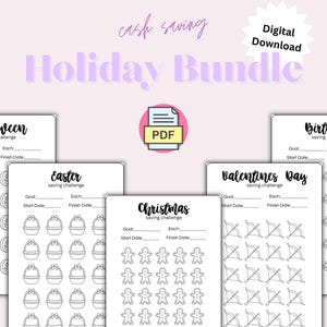May include: A digital download bundle of holiday-themed saving challenges. The bundle includes templates for Halloween, Easter, Christmas, Valentine's Day, and birthdays. Each template features a goal section and themed illustrations.