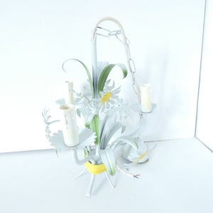 French Vintage metal chandelier white and yellow daisy floral Tole chandelier -light fixture-pendant