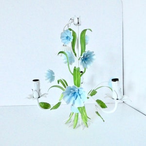 French Vintage metal chandelier blue morning glory floral Tole chandelier -light fixture-pendant