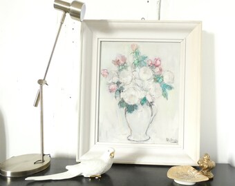 French vintage floral rose still life signed Mid Century Pastel Roses