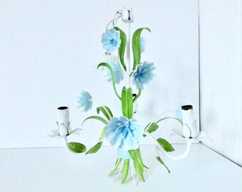 French Vintage metal chandelier blue morning glory floral Tole chandelier -light fixture-pendant