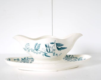 French Vintage ironstone transferware blue white gravy boat Longwey floral butterfly