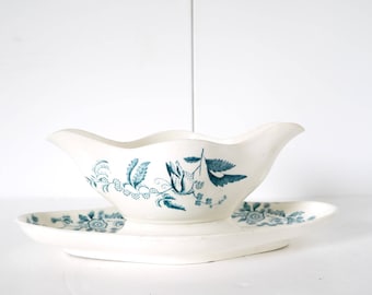 Francés Vintage ironstone transferware azul blanco salsera Longwey mariposa floral