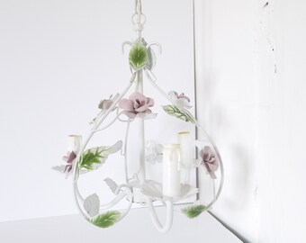 French Vintage metal chandelier pink green  and ivory  roses Tole chandelier -light fixture-pendant