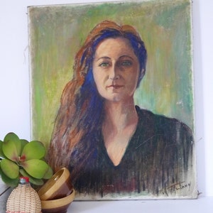 French vintage portrait oil panting young red haired women unframed