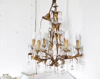 French Italian florentine tole metal hanging chandelier pendant chinoiserie elegant whimsy Gilt 6 Arm and Crystals Prisms leaf