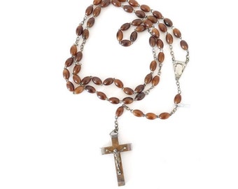 French vintage religious oval brown beaded antique rosary