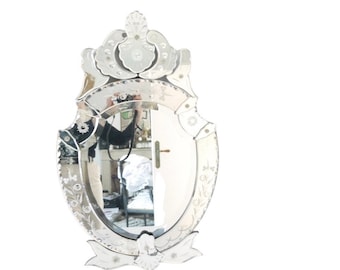 Antique Venetian Oval shield Wall Vanity Mirror Miroir 1930s Art Deco Engraved Etched Crystal Glass Ornate Floral