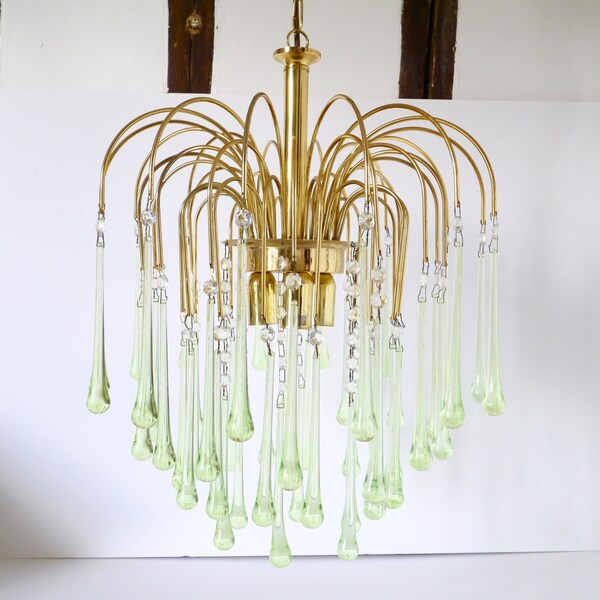 French Vintage chandelier pendent drop light brass mid century spring green drops-FREE SHIPPING