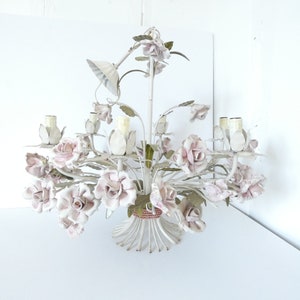 French vintage porcelain rose chandelier 6 arms large