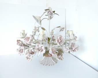 French vintage porcelain rose chandelier 6 arms large