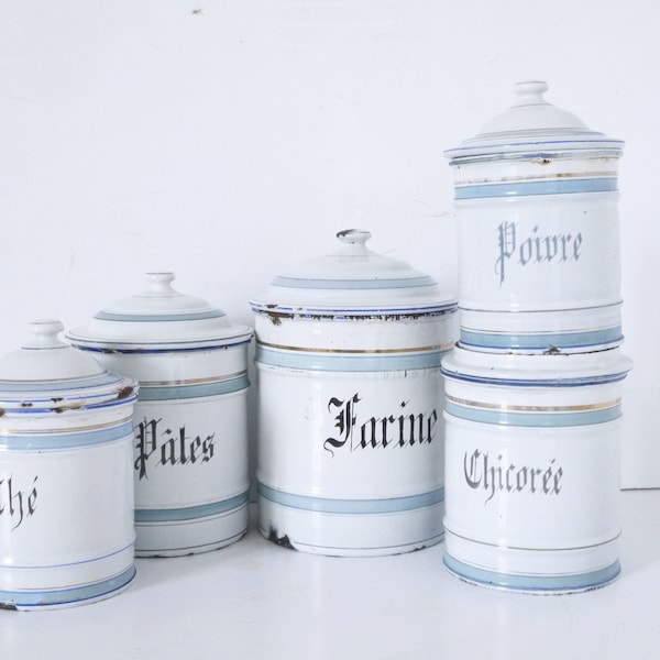 French Enamel Cannisters spice pots White and Blue Set of 5 Enamel Canisters Storage Beautiful French Storage Set