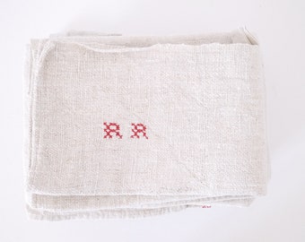 French dishtowels white and red rustic linen nubby tight weave Monogrammed RN-RD ONE ea 1 rustic