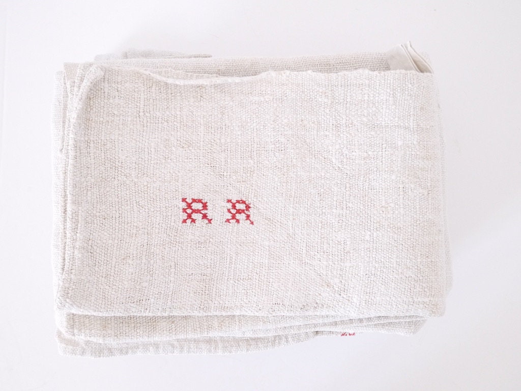 Français Torchons Blancs et Rouges Linge Rustique Nubby Tissage Serré Monogrammé Rn-rd One Ea 1 Rust