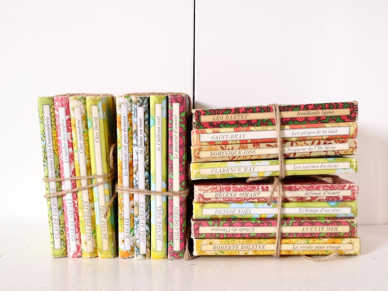 Puede incluir: Una pila de peque&ntilde;os libros encuadernados, coloridos y con t&iacute;tulos en franc&eacute;s. Los libros est&aacute;n envueltos en cuerda y tienen una est&eacute;tica vintage.