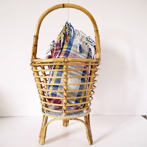 Vintage Mid century Mod Rattan bamboo plant rack basket holder sewing basket