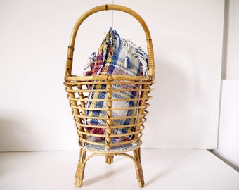 Vintage Mid century Mod Rattan bamboo plant rack basket holder sewing basket