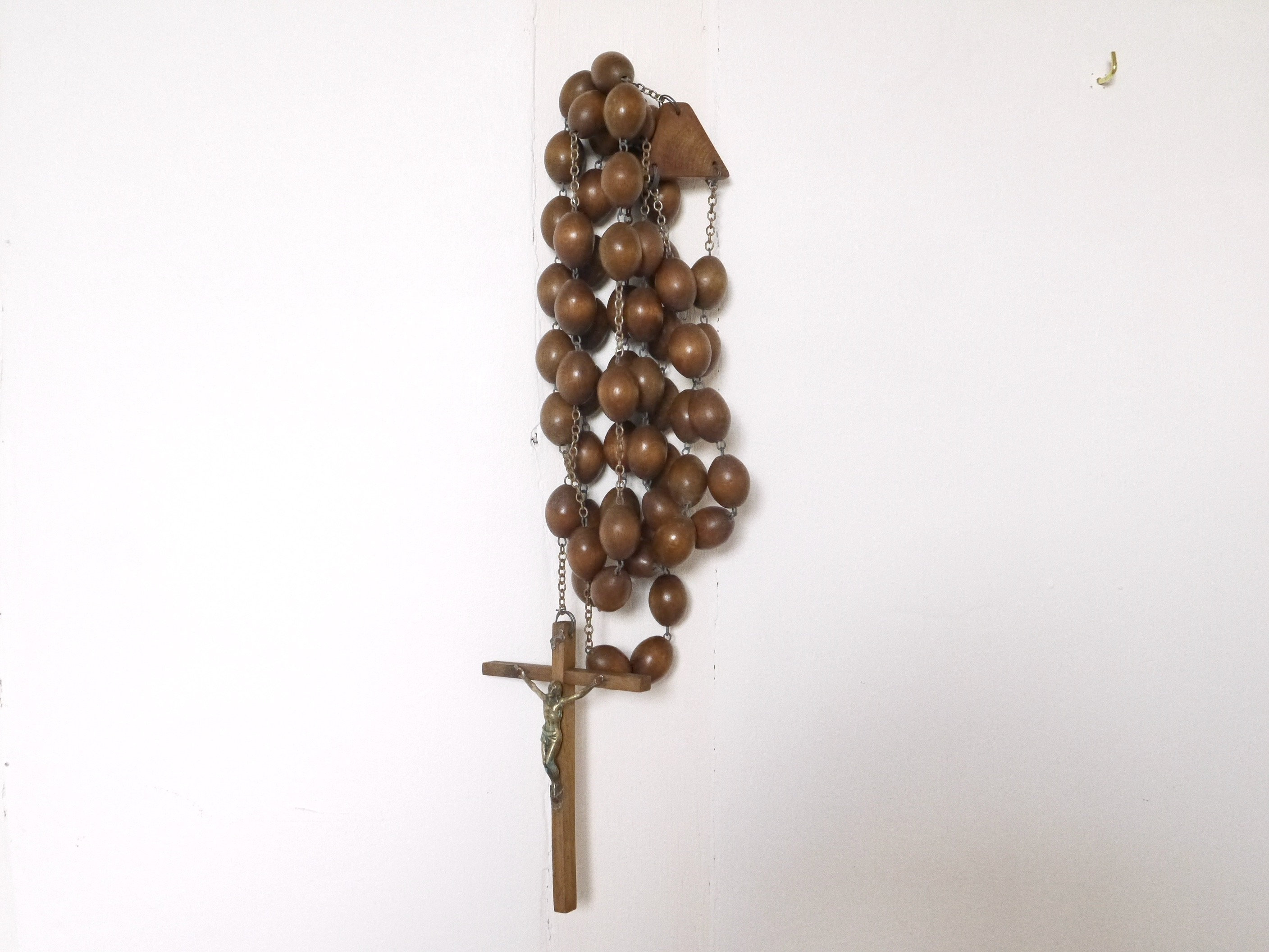 Français Collier Religieux de Chapelet Antique en Bois Perles, Extra Long Grand Moines Croix Crucifi