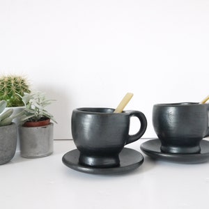French vintage rustic black terra cotta coffee cups with saucers handmade