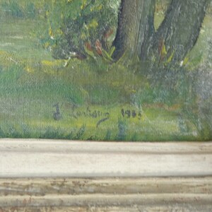 Peinture à l'huile antique française d'une scène de paysage de forêt de campagne avec manoir image 9