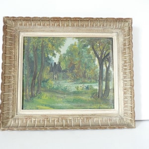 Peinture à l'huile antique française d'une scène de paysage de forêt de campagne avec manoir image 1