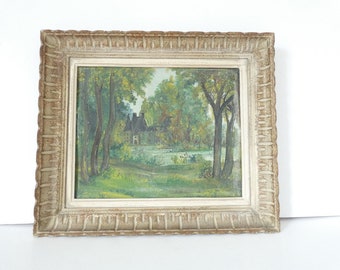 Peinture à l'huile antique française d'une scène de paysage de forêt de campagne avec manoir