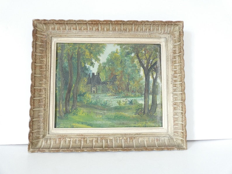 Peinture à l'huile antique française d'une scène de paysage de forêt de campagne avec manoir image 1