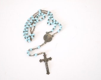 French vintage religious children's blue beaded antique rosary