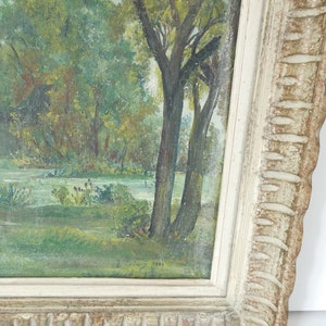 Peinture à l'huile antique française d'une scène de paysage de forêt de campagne avec manoir image 5