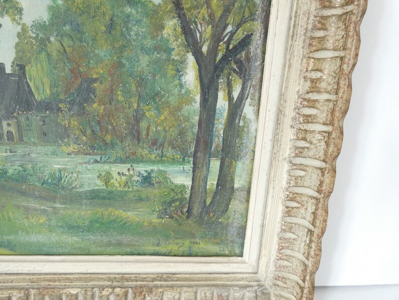 Peinture à l'huile antique française d'une scène de paysage de forêt de campagne avec manoir image 5