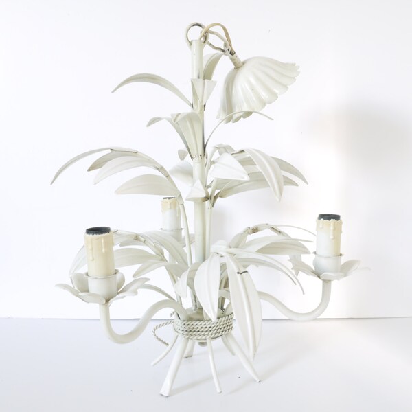 French Vintage Tole Chandelier White bamboo leaves Vintage Shabby Chic Cottage Romantic Elegant Whimsy