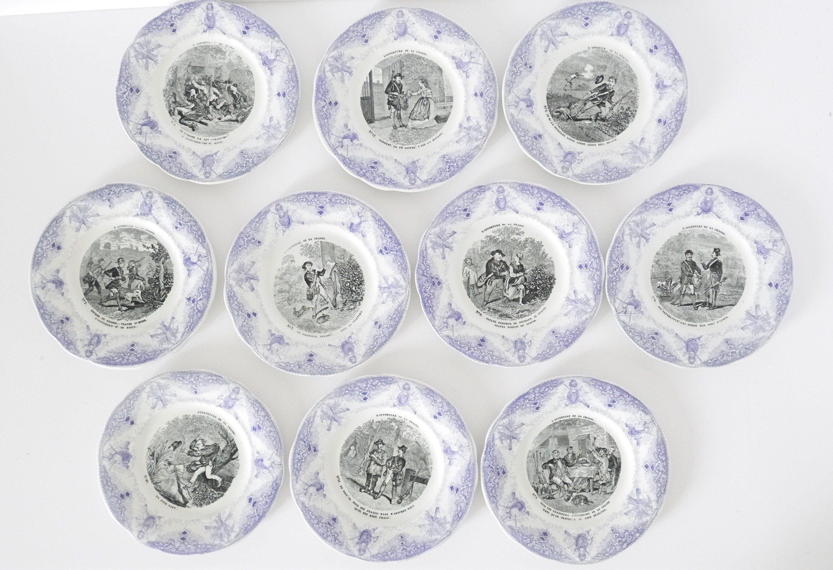 Plaques de Transferware Antiques Ironstone Lavande Blanche Noire Sarreguemines-Creil Plaques, 19C. |