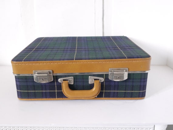 French Vintage blue plaid suitcase luggage