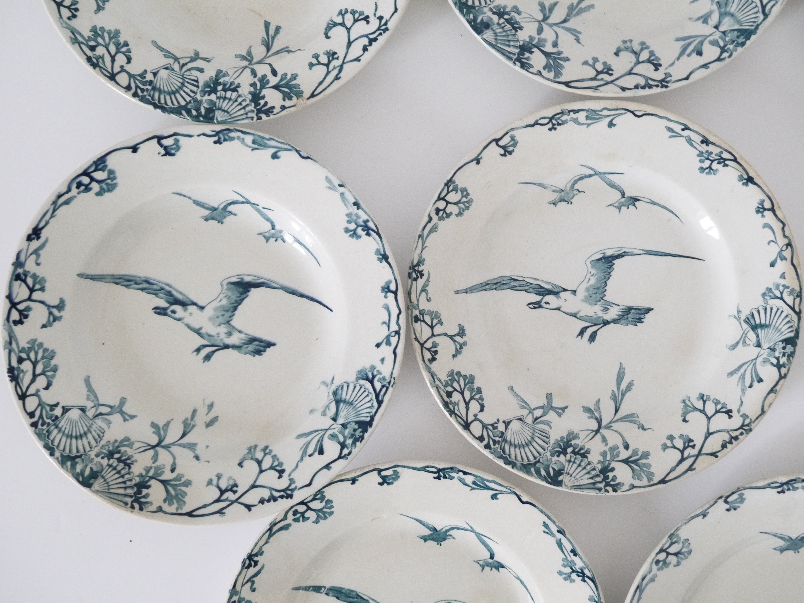 Antique Français Marchandises de Transfert Seagulls Ironstone Bleu et Blanc Ensemble 7 Sept