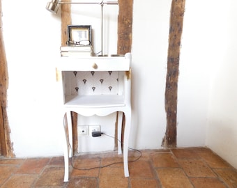 French cottage style white nightstand, shabby-chic vintage bedside tables, repainted with a white chalk paint and gold gilding