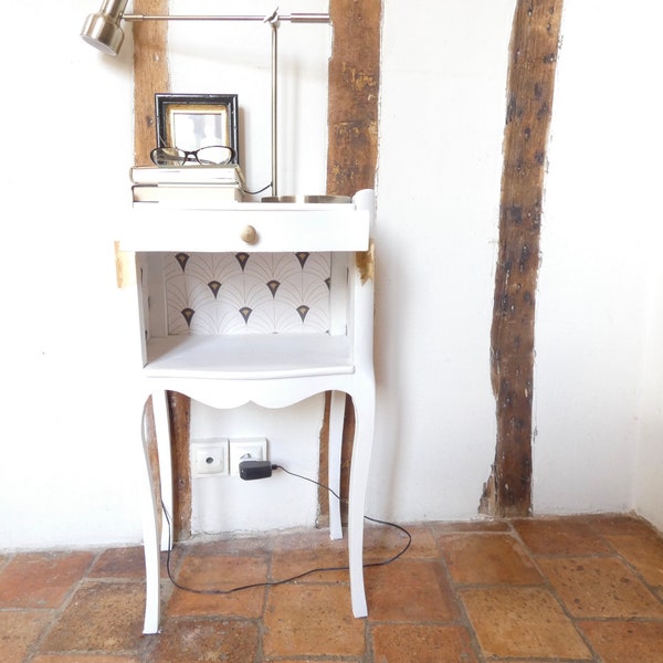 French cottage style white nightstand, shabby-chic vintage bedside tables, repainted with a white chalk paint and gold gilding