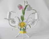French Vintage Tole Chandelier daisies and pink butterflies/ Vintage Shabby Chic Cottage Romantic Elegant Whimsy