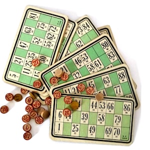 Juego de cartas de bingo francés lotería-1960, francés, efímera, artesanía de papel vintage con marcadores de números de madera