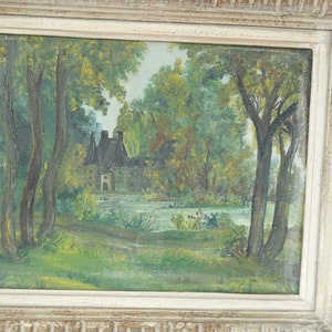 Peinture à l'huile antique française d'une scène de paysage de forêt de campagne avec manoir image 2