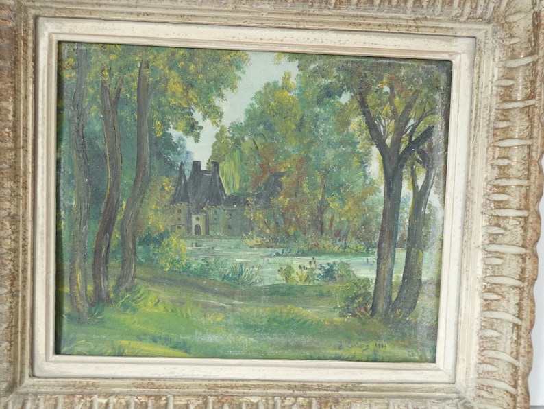 Peinture à l'huile antique française d'une scène de paysage de forêt de campagne avec manoir image 2