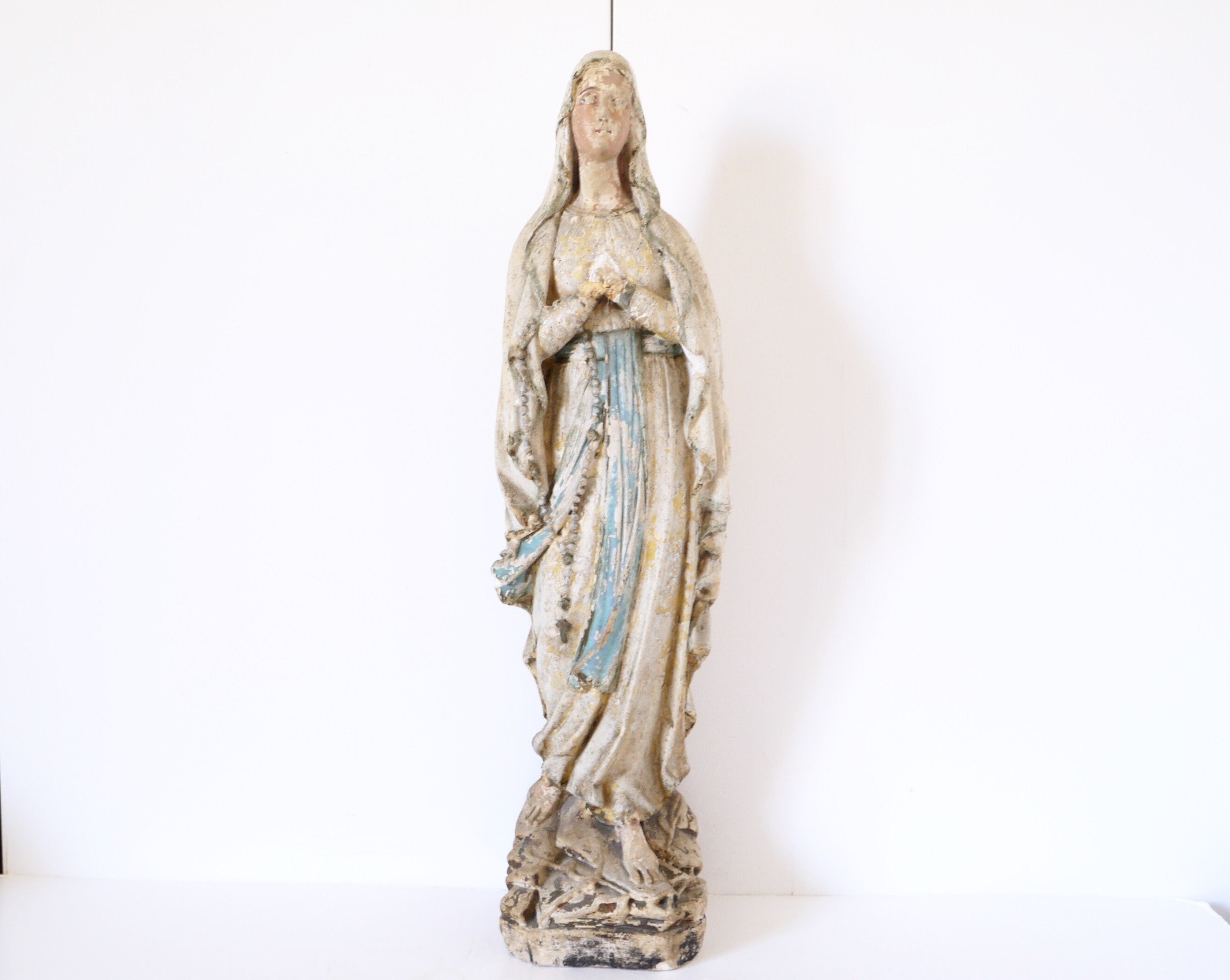 Français Antique Madonna de Lourdes Statue Religieuse Extra Large Fanée