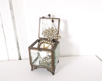 Antique Brass Ring Box, Etched Star Beveled Glass Jewelry Box