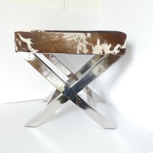 Vintage French cowhide stainless steel stool footstool ottoman
