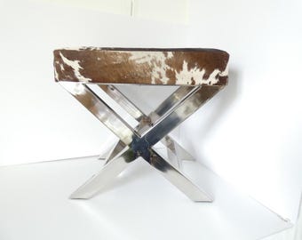 Vintage French cowhide stainless steel stool footstool ottoman